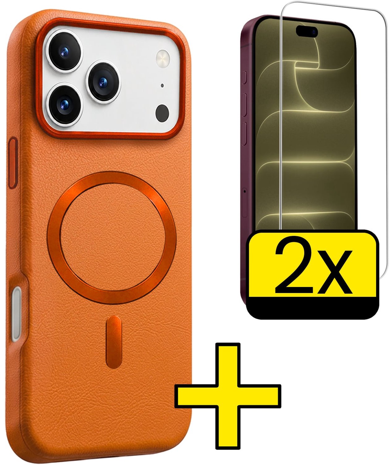 Hoesje - Met 2x Screenprotector - Geschikt voor Apple iPhone 18 Pro - Magsafe Compatible - Leer Look - Sterk & Shockproof - Back Cover - Shock Proof Case - Telefoon Hoes - Telefoonhoesjes - Oranje