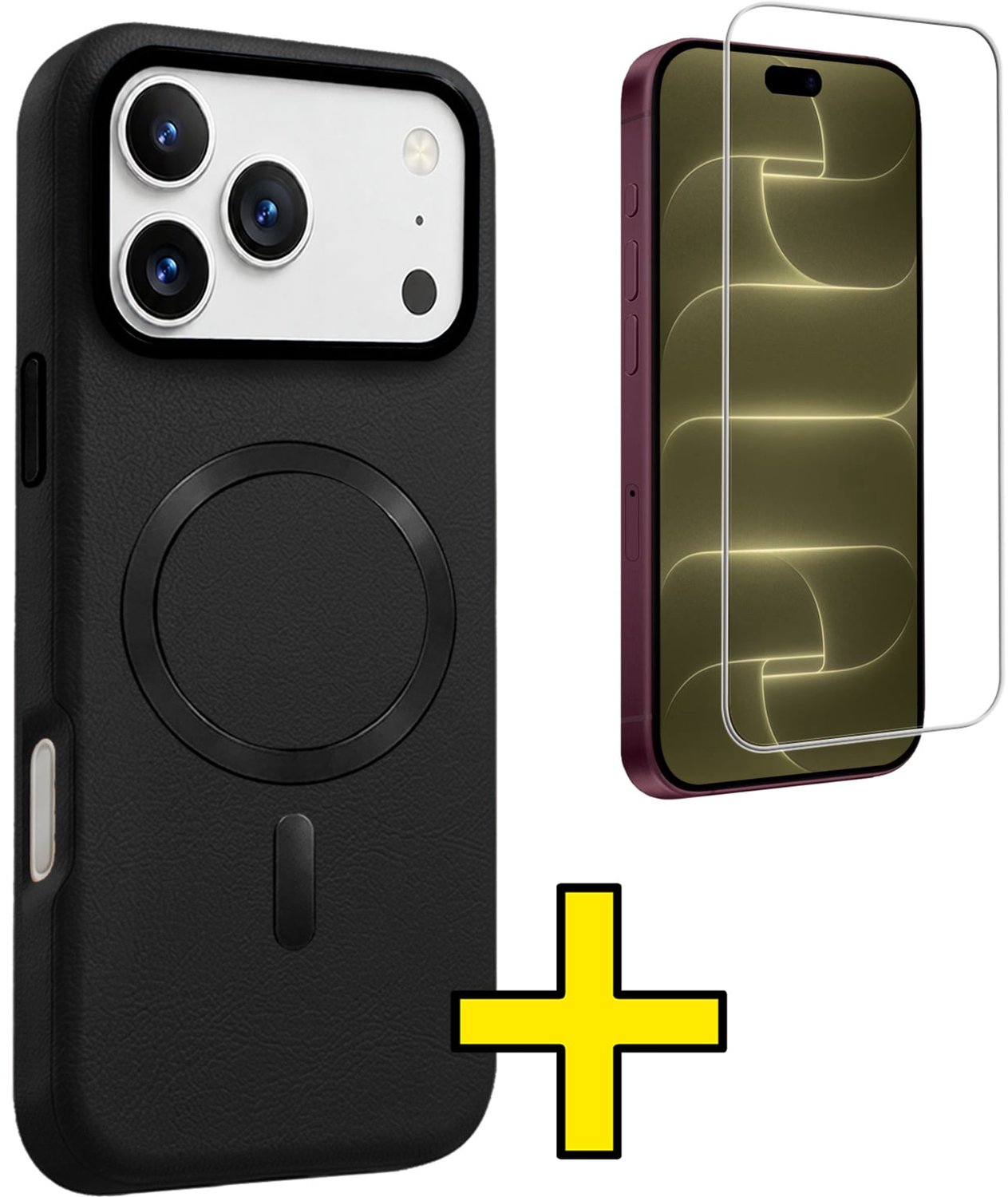 Hoesje - Met Screenprotector - Geschikt voor Apple iPhone 18 Pro Max - Magsafe Compatible - Leer Look - Sterk & Shockproof - Back Cover - Shock Proof Case - Telefoon Hoes - Telefoonhoesjes - Zwart