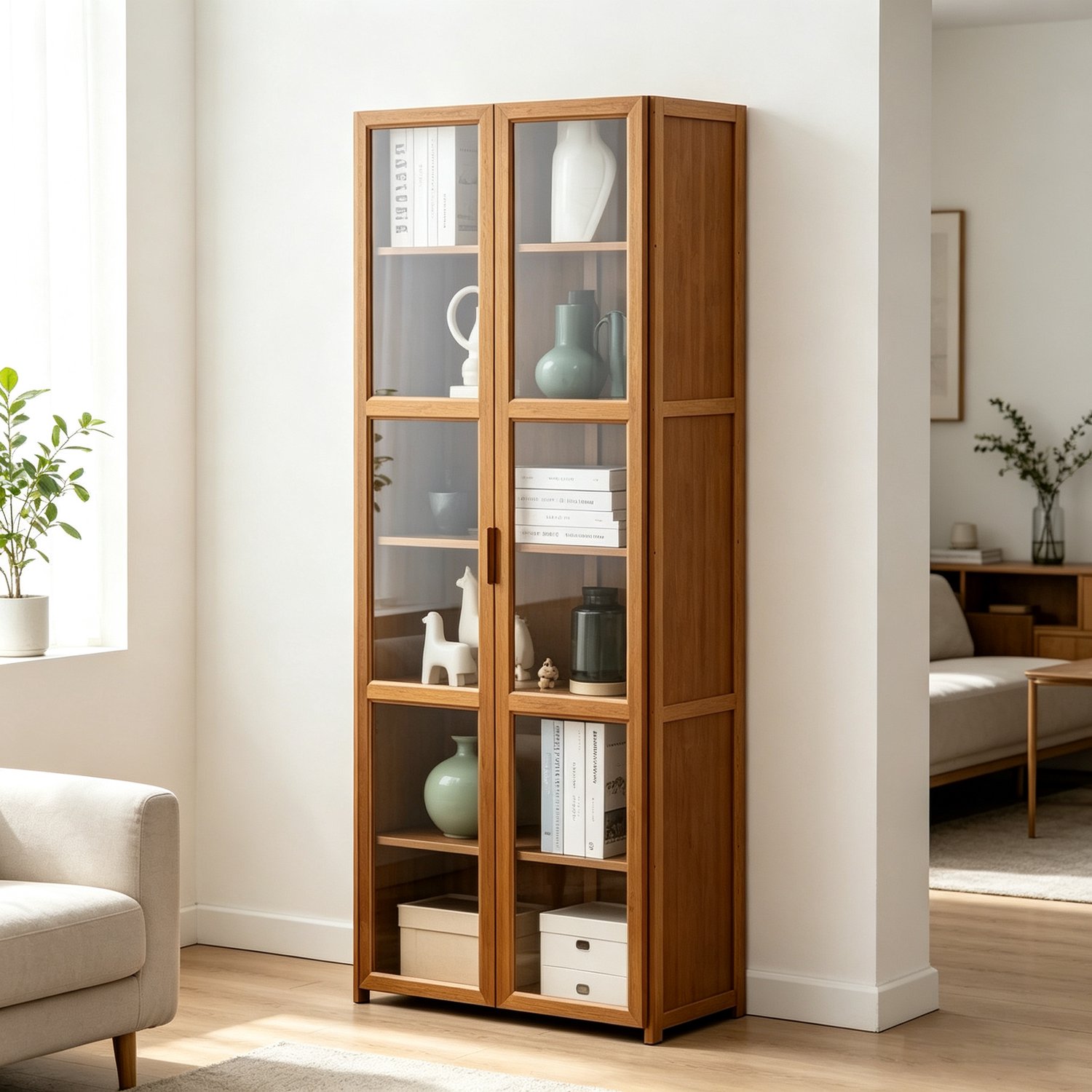 Houten vitrinekast 6 lagen 60*30*150 cm met glazen deuren hoge boekenkast en opbergkast