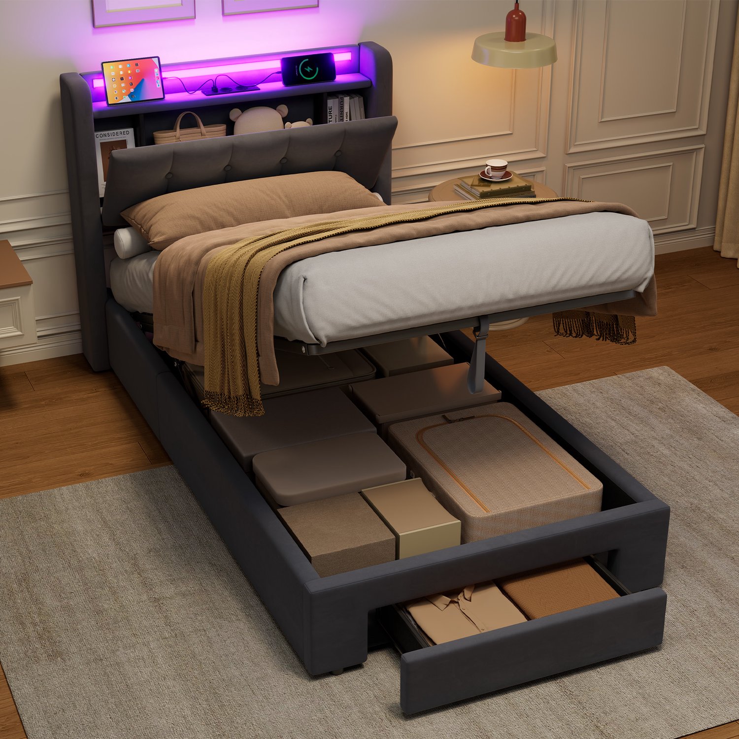 Wishdor Gestoffeerd Bed met LED & USB - Eenpersoonsbed 90x190 cm - Hydraulisch, 1 Lade & Verborgen Hoofdbord - Fluweel Grijs