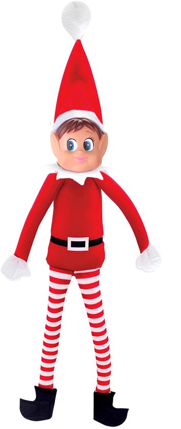 Elf met rode kerstmuts, blauwe ogen en rode kleding met witte strepen.
