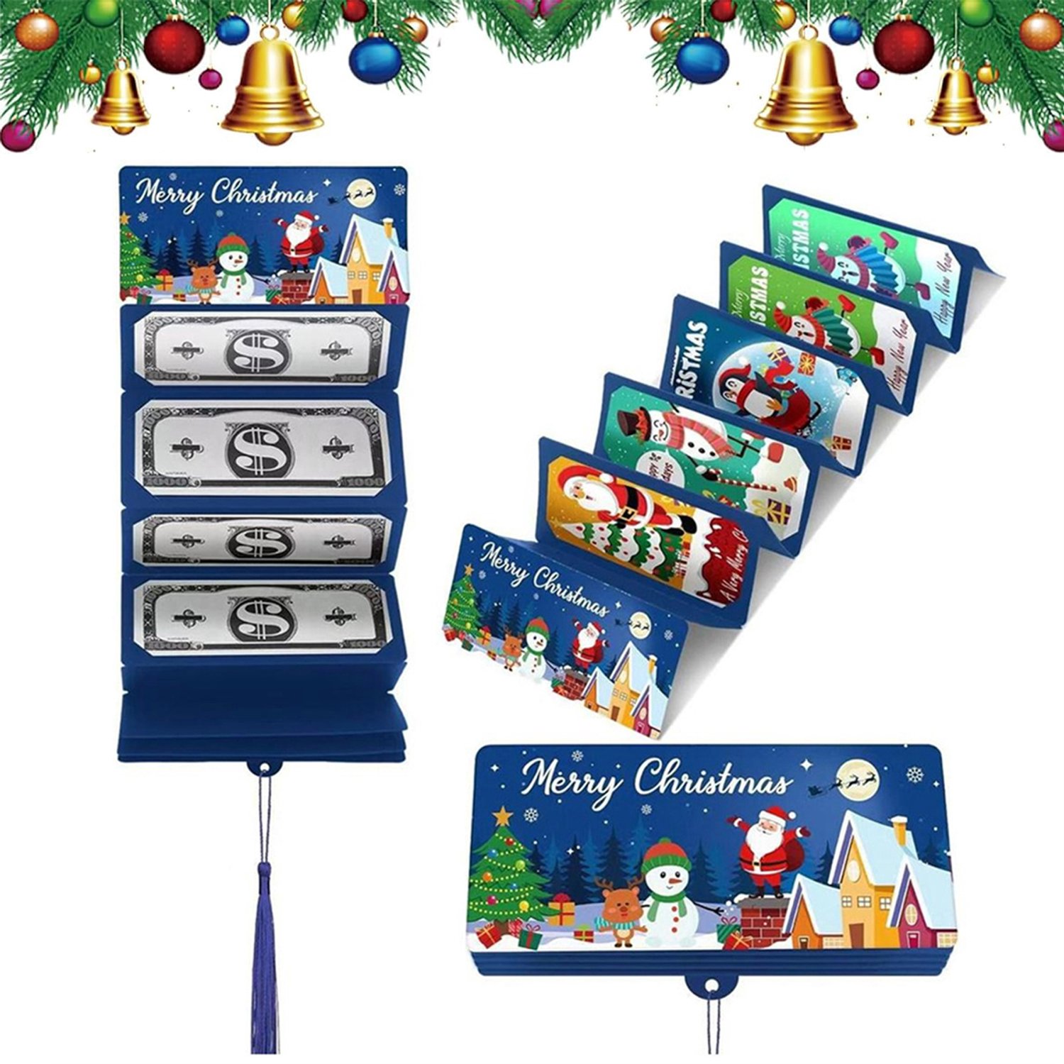 Kerstgeld cadeau envelop, kerst verrassingsgeldhouder met 10 compartimenten, Kerstman geldclip, doe-het-zelf kerstcadeaus met contant geld voor familie en vrienden, 1 stuk - Blauw