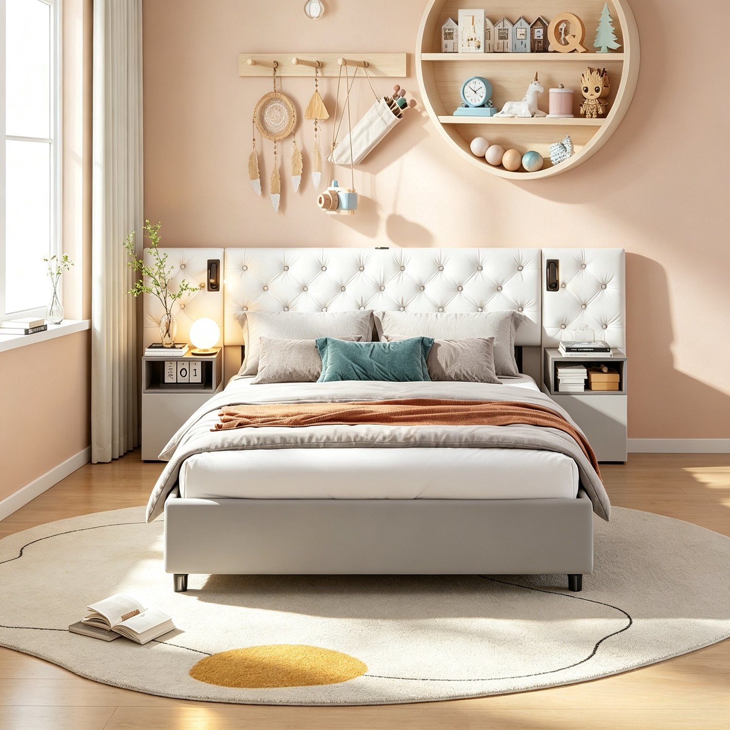 ROSAHQNDA Volwassen bed 160x200 cm, tweepersoonsbed met opbergruimte, LED-hoofdbord en nachtkastjes, fluweel, gebroken wit, zonder matras