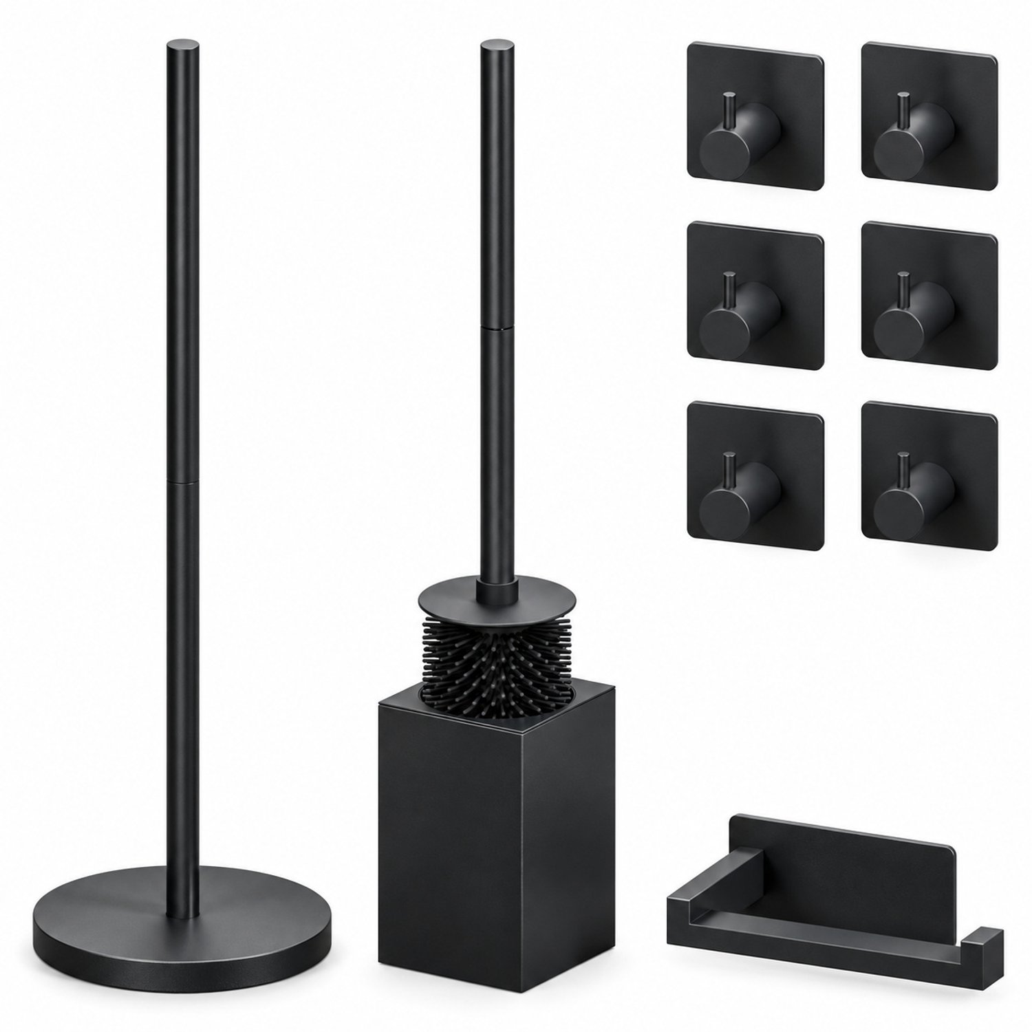 4-Delige Zwarte Toiletset - Staande Toiletrolhouder voor 5 Extra Rollen & Hangende Toiletrolhouder - Toiletborstelhouder & Handdoekhaakjes