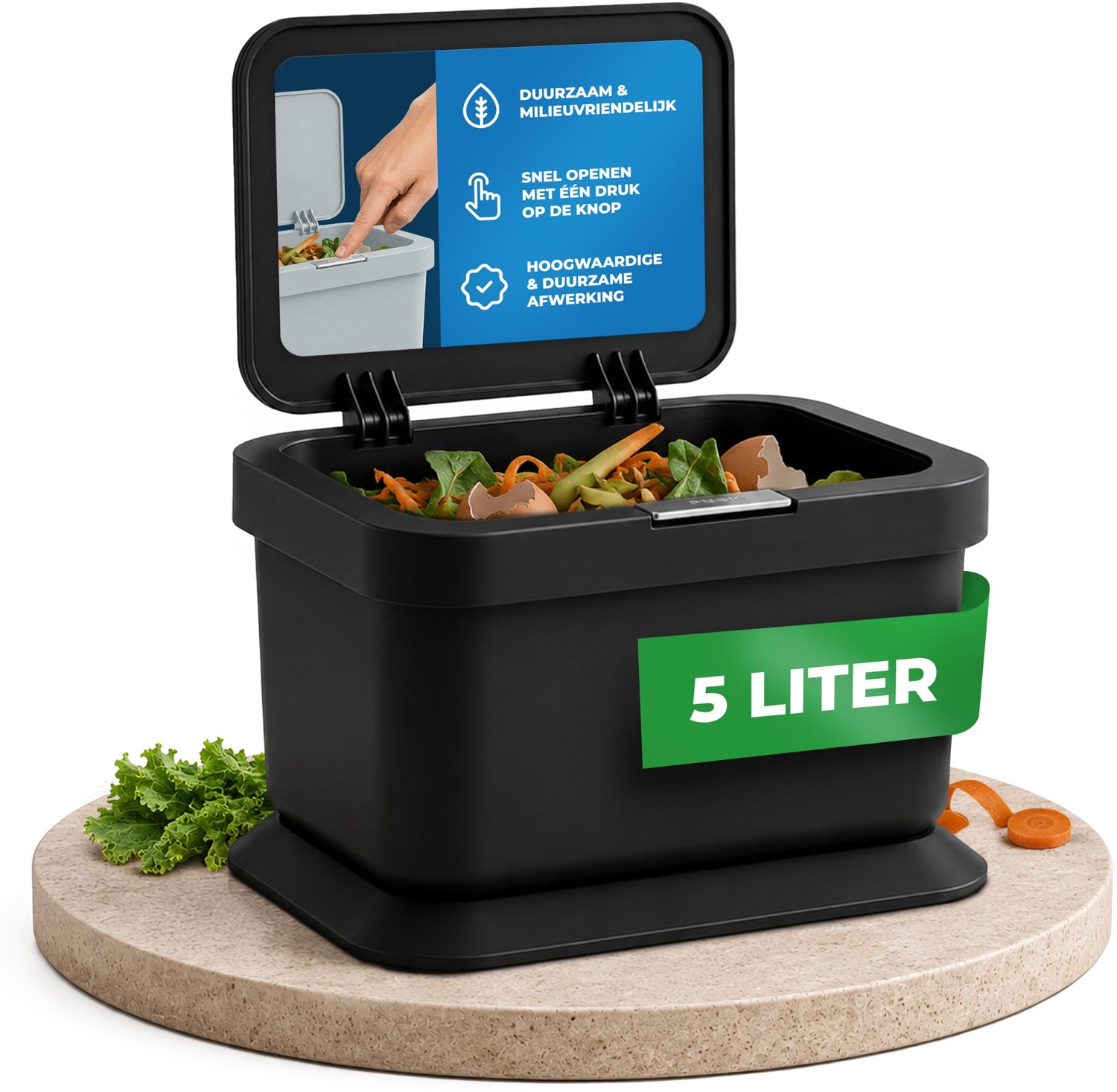 Famanu - Compostbak 5L - Voedselafval opbergen - Drukknopdeksel en geurbestendig - Zwart 1 stuk