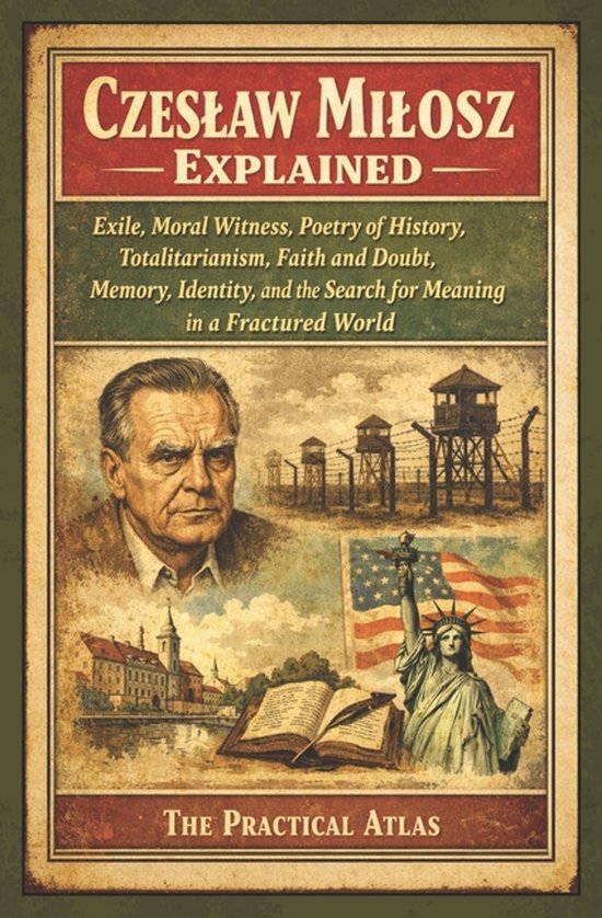 Boekomslag 'Czeslaw Milosz Explained' met portret, wachttorens, het Vrijheidsbeeld en een open boek.