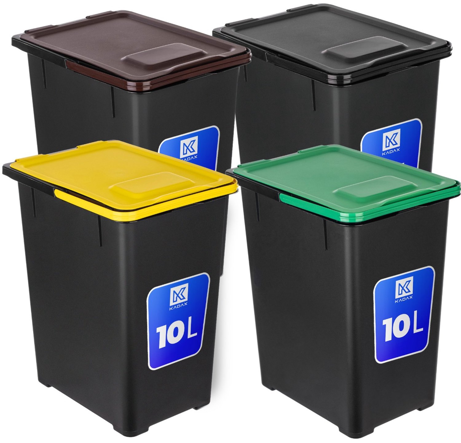 KADAX afvalscheidingssysteem, set van 4, 4 x 10 l afvalbakken met deksel en draaggreep, afvalbakken voor afvalscheiding, afvalbakken voor organisch afval, glas, kunststof, metaal en restafval (bruin/geel/groen/zwart, zonder opdruk)