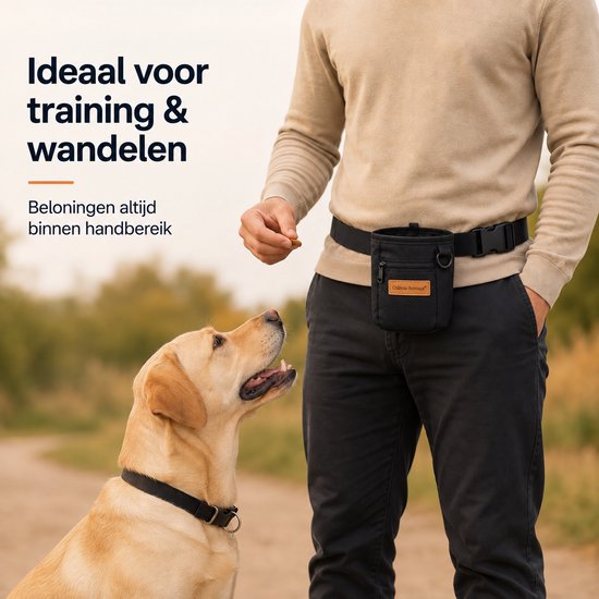 Zwart trainingszakje aan een heupband, met een ritsvak en een opening voor beloningen. Een labrador kijkt naar een man die een beloning aanbiedt.