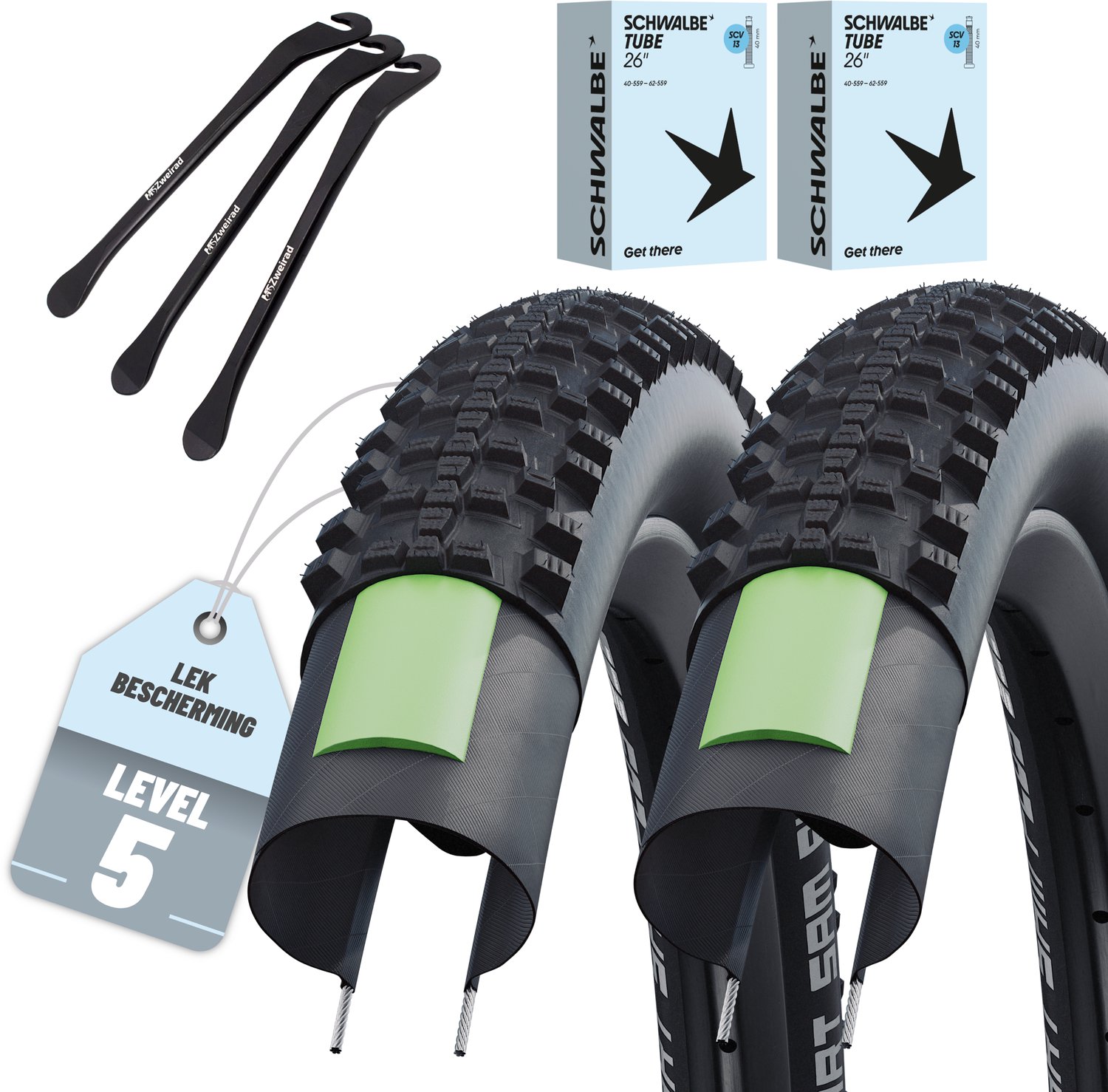 MSZweirad 2x Schwalbe Smart Sam Plus 26 x 2,10 (54-559) - GreenGuard - SCV/Clik Valve-binnenbanden - 3 bandenlichters