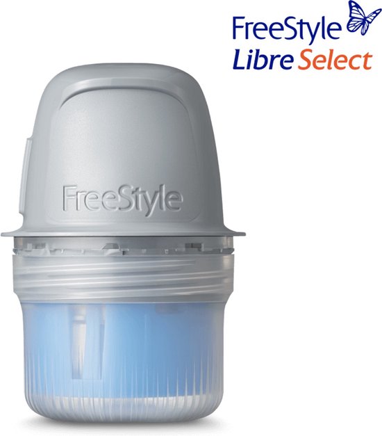 Grijze FreeStyle Libre sensorhouder met blauwe vloeistof erin.