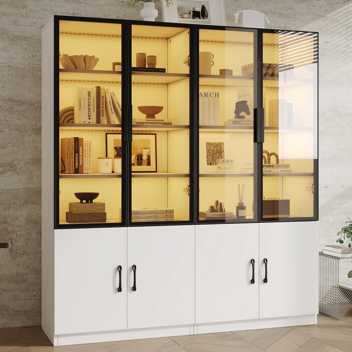 Clruro Vitrinekast - 120×40×160 cm - LED met App-Bediening - Rookglas - Spaanplaat - Wit