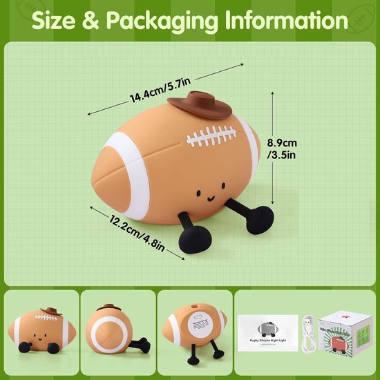 Rugby Nachtlampje voor Kinderen - Siliconen LED Bedlampje met Telefoonstandaard, Oplaadbaar, Touch, 3 Dimbare Niveaus, 30 min Timer - Kinderkamer Cadeau — afbeelding 2