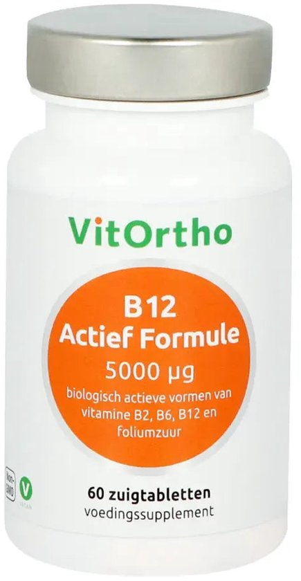 VitOrtho B12 Actief Formule 5000mcg, 60 zuigtabletten voedingssupplement in witte pot met zilverkleurige dop.