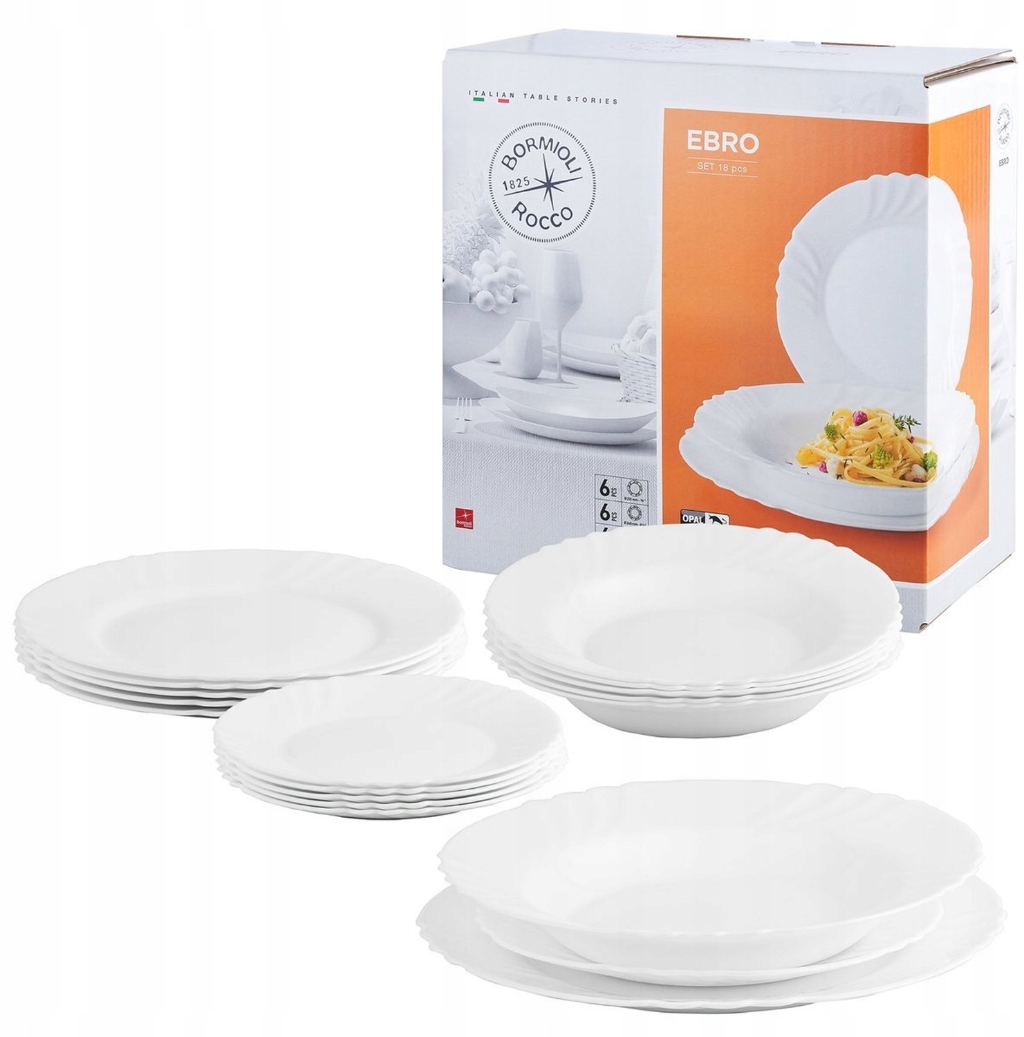 Bormioli Rocco Ebro 18-delig servies, wit glas, voor 6 personen
