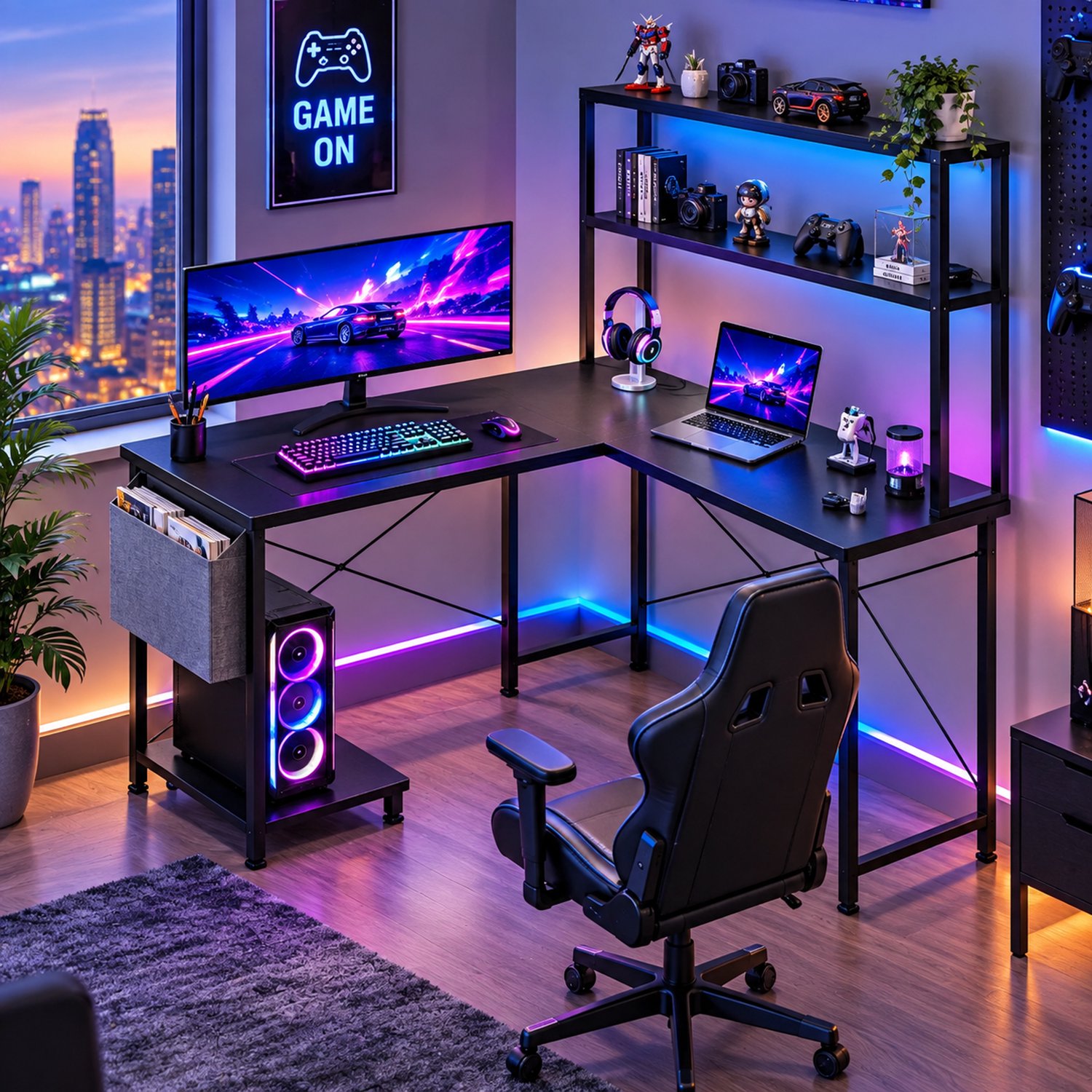 Parasha Nova Bureau- L-vormig gamingbureau met ledverlichting - Ingebouwde stopcontacten en USB-poorten - Dubbele plank, zijvak - Verstelbare pc-houder - Bureau voor thuisgebruik.