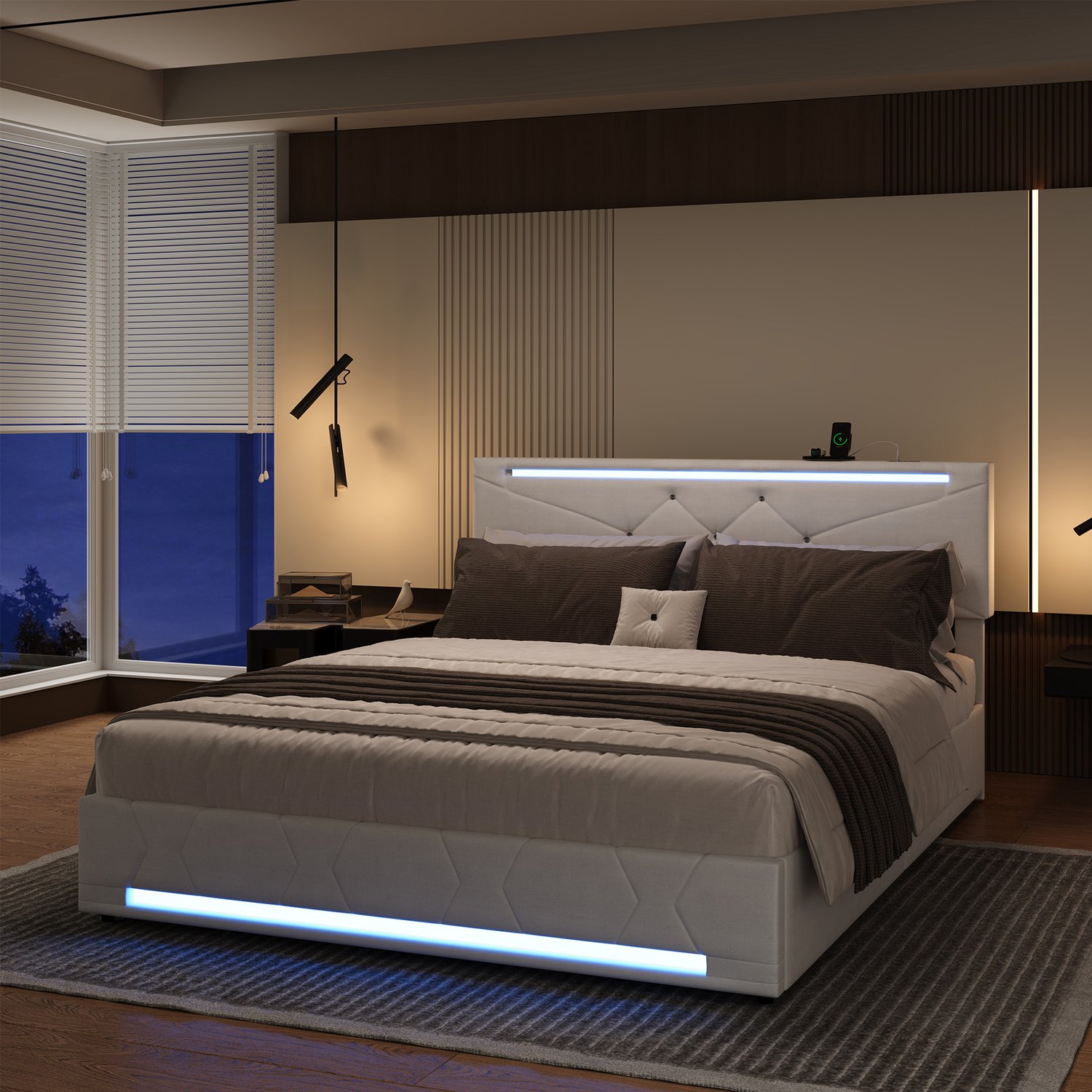 Hydraulisch Opbergbed 160x200 cm - Beige Tweepersoonsbed met Ruime Opbergruimte, LED-Verlichting en USB-Oplaadpoorten, Gestoffeerd Hoofdbord thumbnail 4