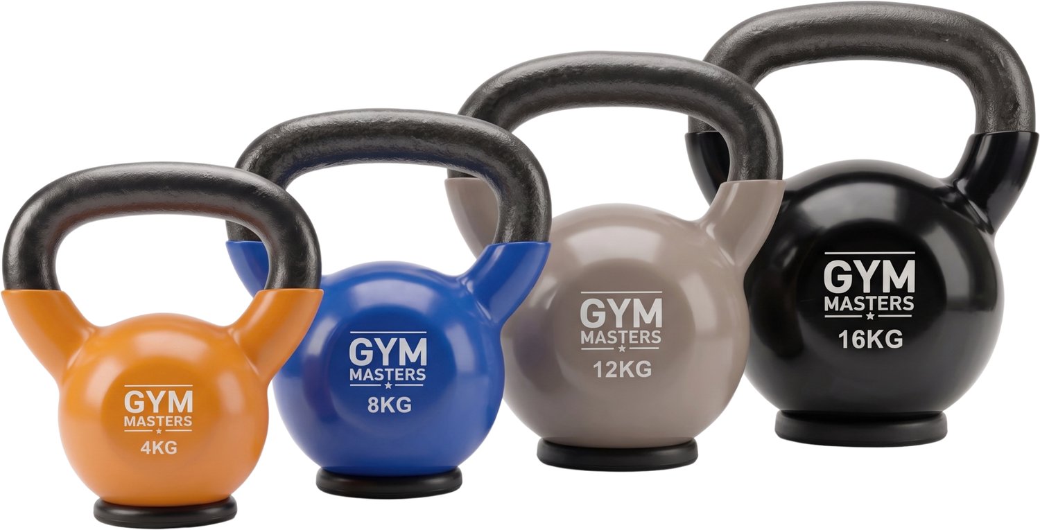 Gym Masters Kettlebell Voordeelset 4-8-12-16 kg – 4 Stuks – Premium Vinyl Kettlebells – Rubberen Bodem – Optimale Vloerbescherming & Veilig Trainen – Krachttraining Thuis