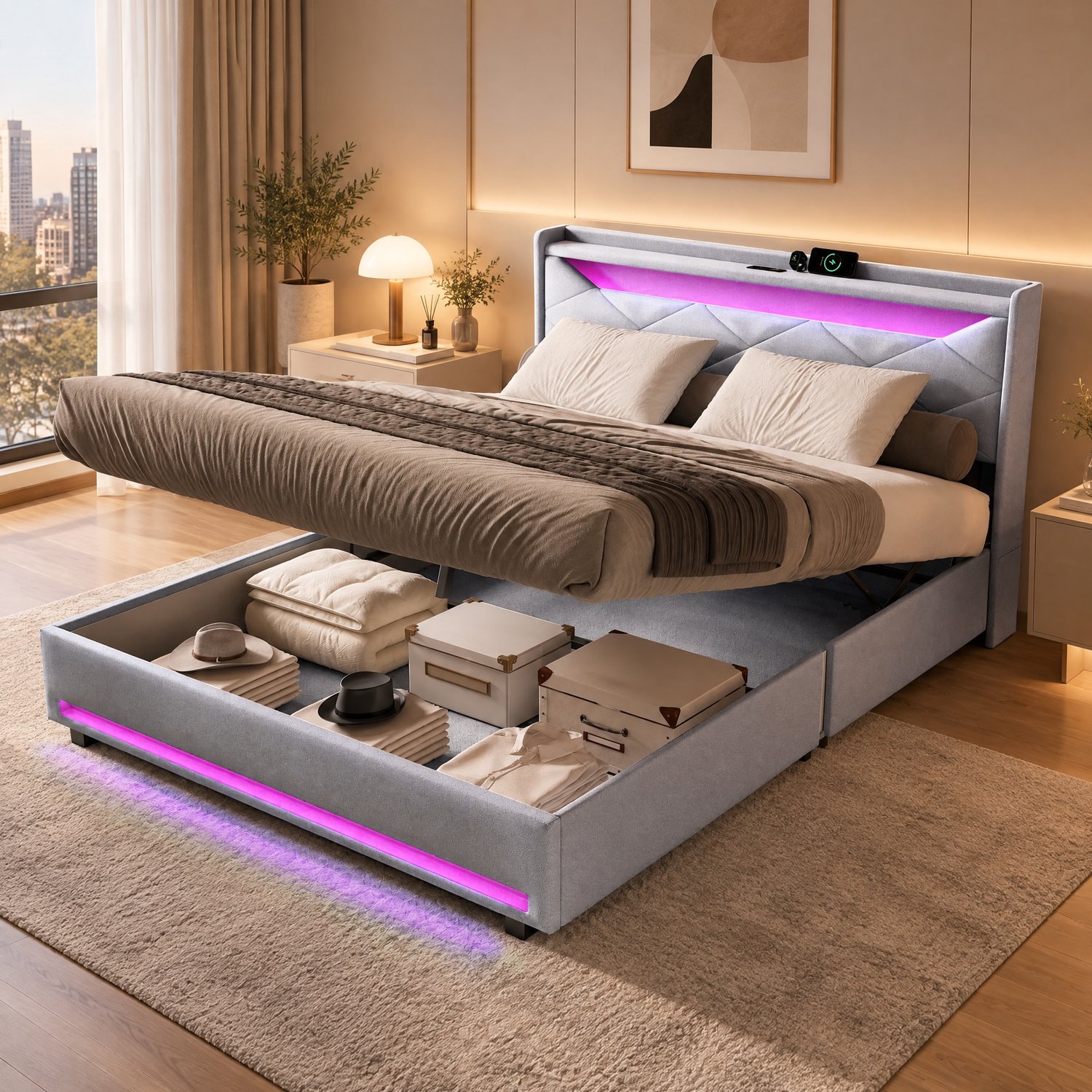 Opbergbed 140x200 cm met ledverlichting en USB-poorten, Tweepersoonsbed gestoffeerd 140x200 met hydraulische opbergruimte en lattenbodem, bedframe voor tieners en volwassenen, linnen Grijs