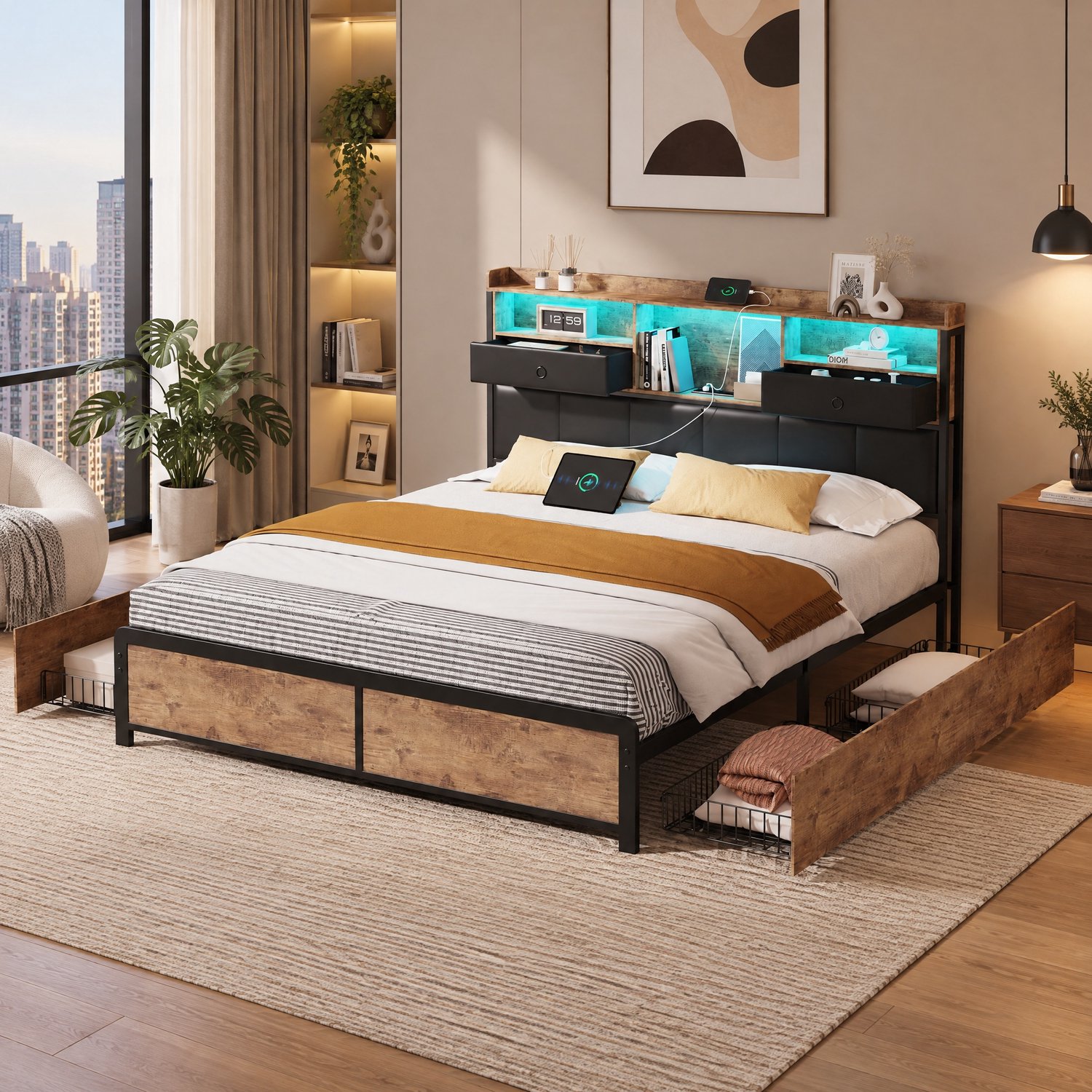 Tweepersoonsbed 140x200 cm, bed met ledverlichting en USB-oplaadpunt, 4 lades en hoofdbord, gestoffeerd bed met lattenbodem, ijzeren bed voor volwassenen en tieners, Grijs
