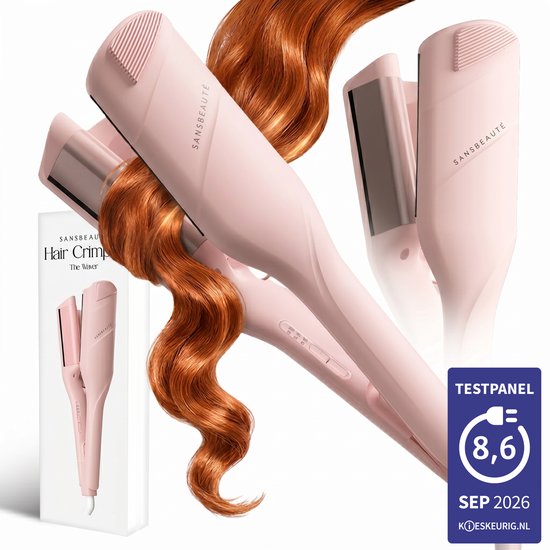 Roze SANSBEAUTÉ krultang met hitte-instellingen en golvend rood haar eromheen.