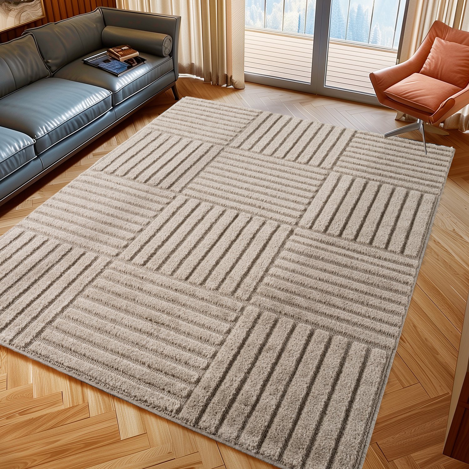 Moonay Kiyaro Kubo Vloerkleed Beige 140 x 200 cm - Japandi Scandinavisch - Geometrische Strepen - Hoog- en Laagpolig 3D