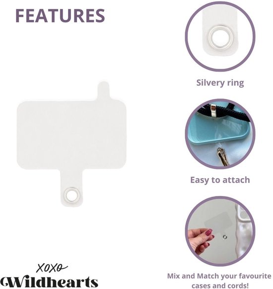 Witte telefoonkoord clip met zilverkleurig oogje. "Easy to attach" en "Mix and Match your favourite cases and cords!".