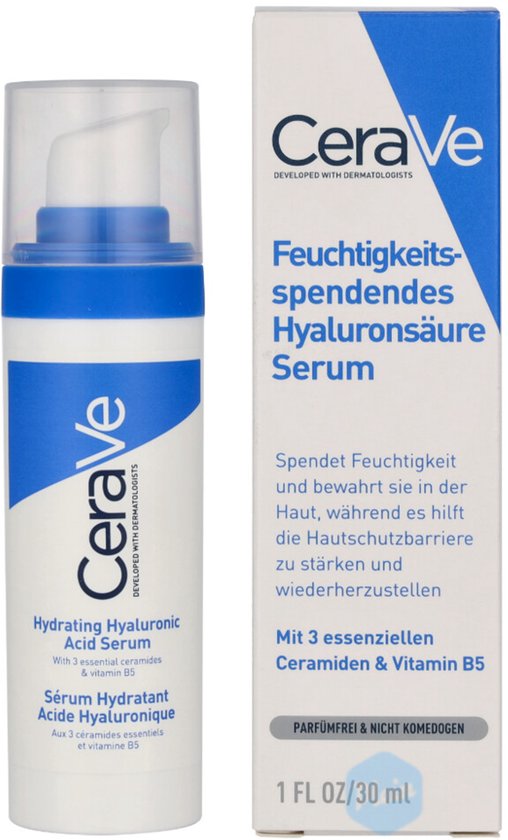 CeraVe Hydrating Hyaluronic Acid Serum flesje met pompje, witte fles met blauwe en grijze opdruk.