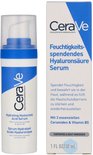 CeraVe Hydrating Hyaluronic Acid Serum flesje met pompje, witte fles met blauwe en grijze opdruk.