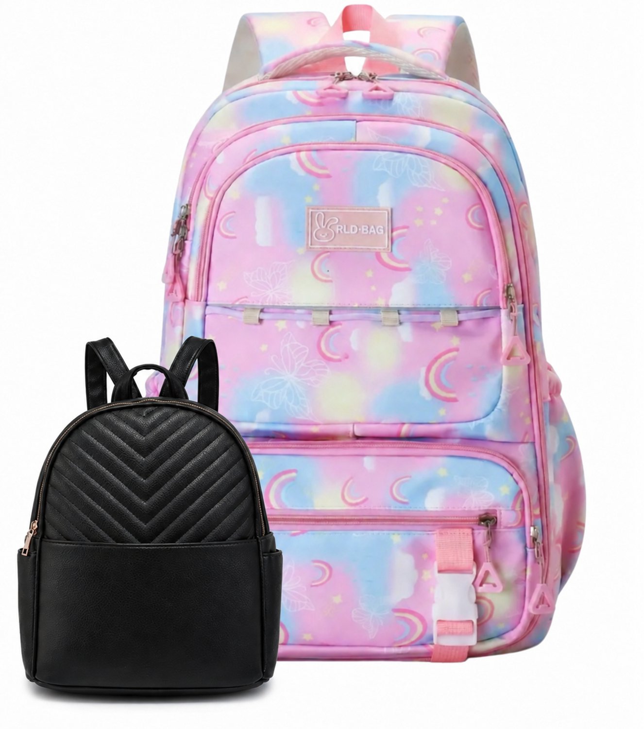 Ultiluxe® Rugzak met kleine rugzak - 2 stuks - Rugtas voor kinderen - Schoolrugzak, schoolrugtas, schooltas, 15.6 inch laptoptas - Meisjes tas met laptopvak - 2-delige tassenset voor meiden - Roze/zwart
