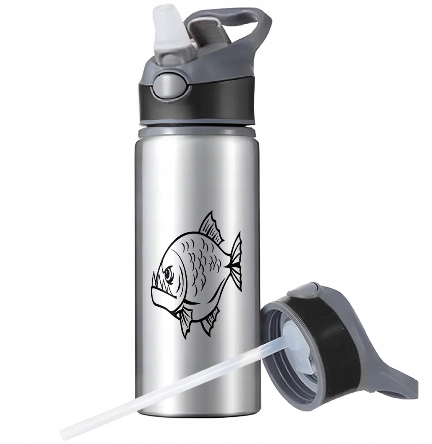 Aluminium Sport Bidon 650ml met Rietje en Lus - Zilver