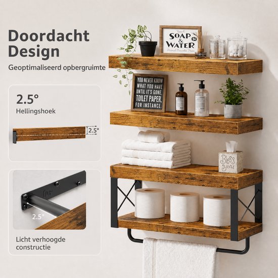 Houten wandplanken met metalen frame, met planten, zeepdispensers en toiletrollen.