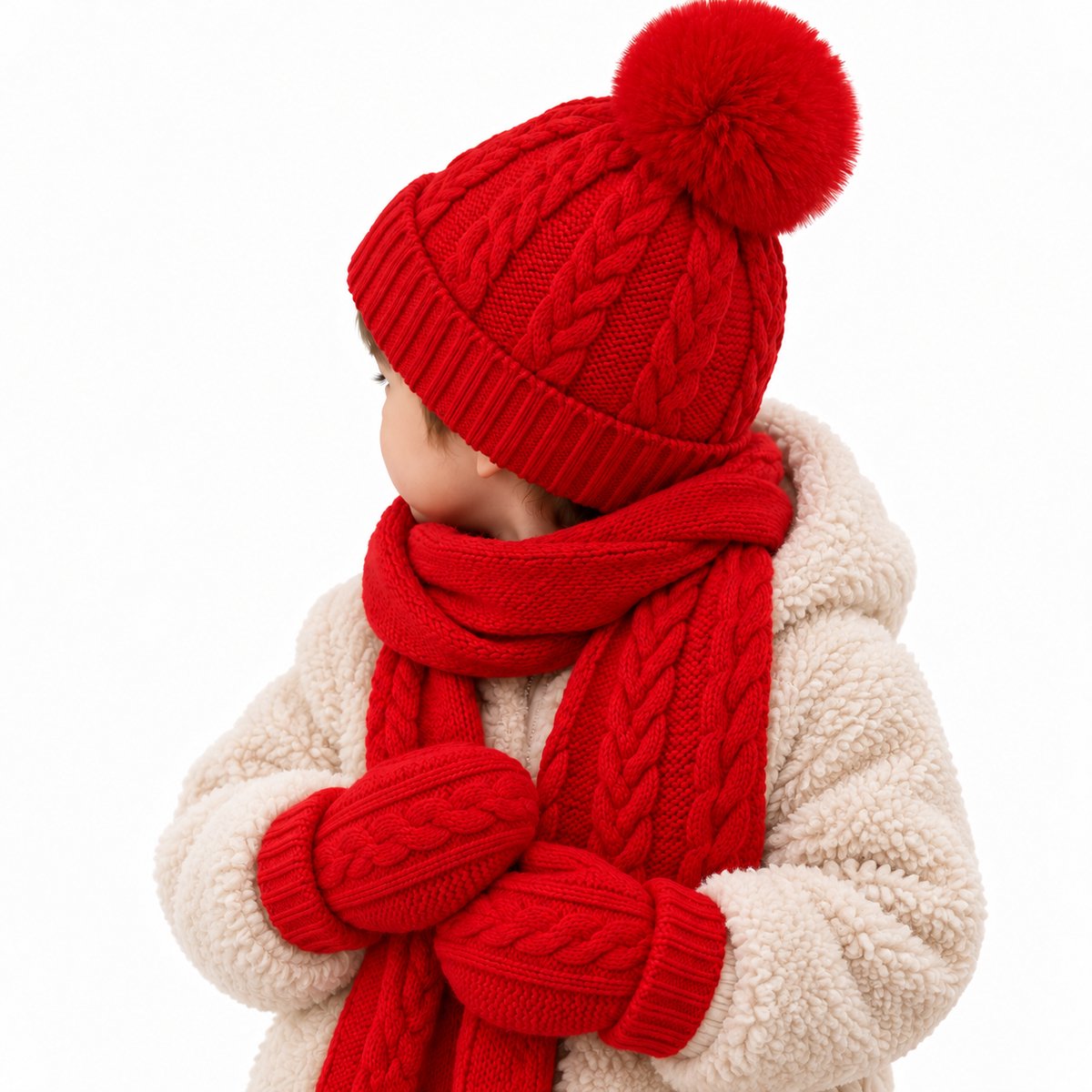 BRD® Kinder Winterset Rood - Gebreide Muts Sjaal & Wanten met koord - 3-Delig