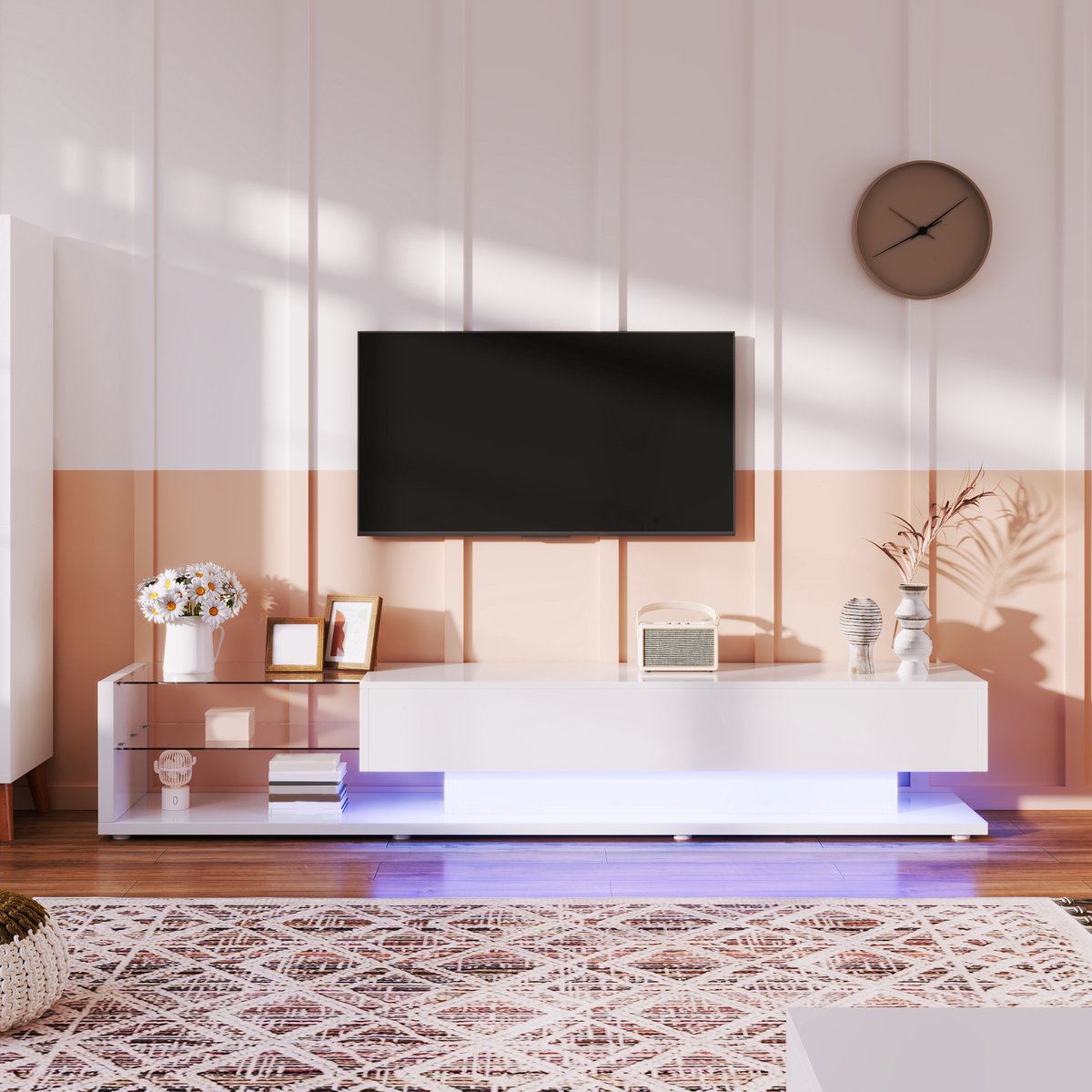 MUVANO Tv Meubel Wit Hoogglans - Tv Kast Met Led Verlichting - Tv Dressoir 170 cm - Voor 50-59 Inch Tv - 170x36x38cm - Met 2 Lades En Glas - Woonkamer Wit