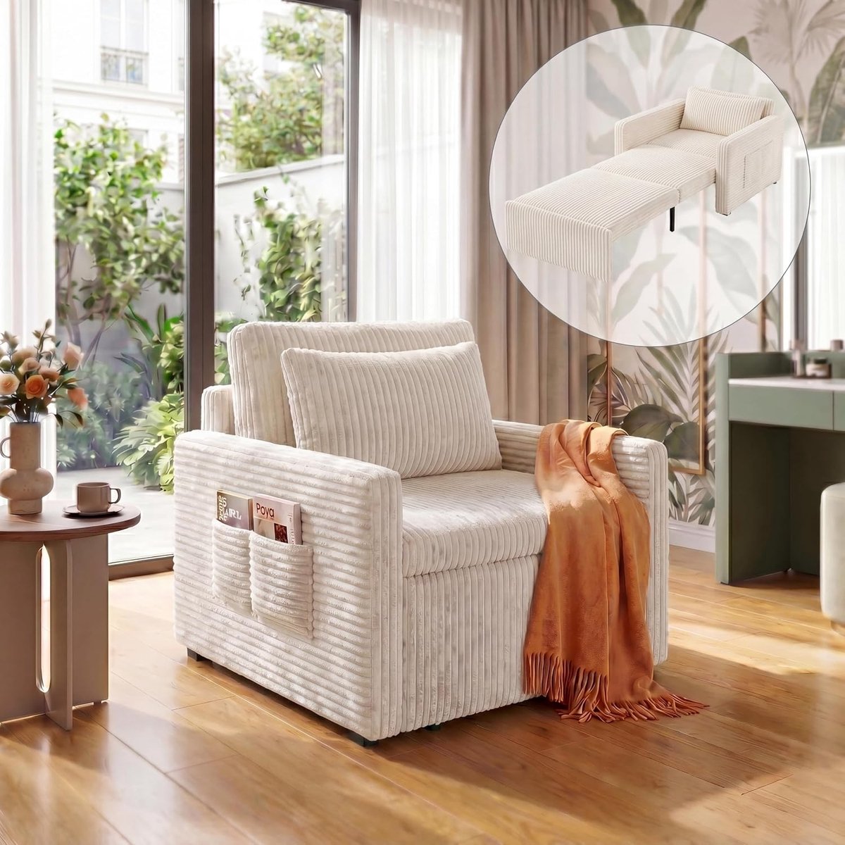 Xbro Slaapbank 1 Persoons，3-in-1 Opvouwbare Slaapstoel met Soepel Rollende Wielen，Eenpersoonsbed voor Woonkamer, Slaapkamer of Logeerkamer，Beige