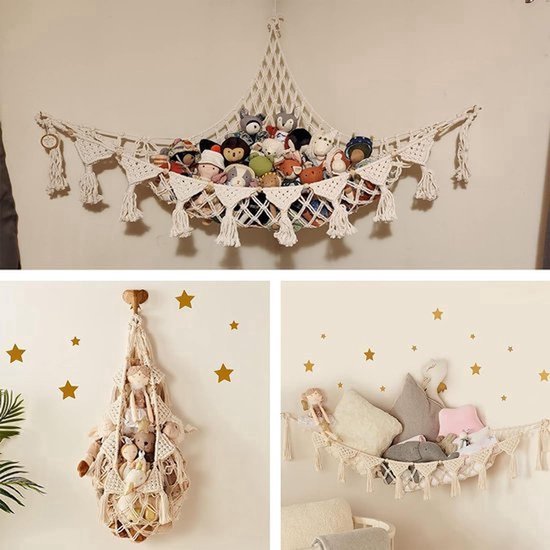 Macramé Knuffeldieren Hangmat - Boho Stijl Speelgoed Opbergnet voor Kinderkamer | Ruimtebesparende Ophangorganizer voor Knuffels | Stevig Geweven Katoen met Veilig Bevestigingssysteem | Eenvoudig te Installeren — afbeelding 4