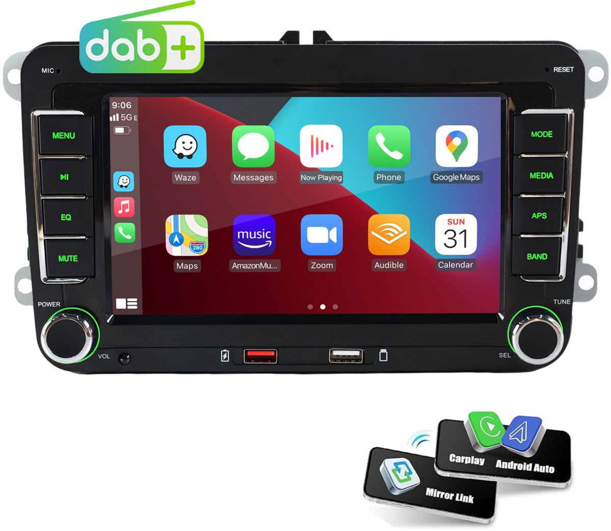 ESSGOO DAB+ Volkswagen CarPlay scherm- met Apple Carplay & Android auto (Draadloos) -Plug&Play- voor Volkswagen, Skoda & Seat - Golf, Polo, Tiguan, Touran,...-7inch Touchscreen scherm-Bluetooth-Usb