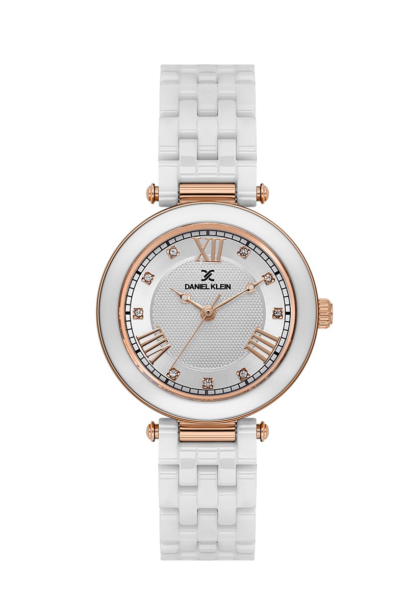 Daniel Klein-dameshorloge-rose/wit-kristal-Romeinse cijfers-3 atm waterdicht-diameter 32 mm-keramische band