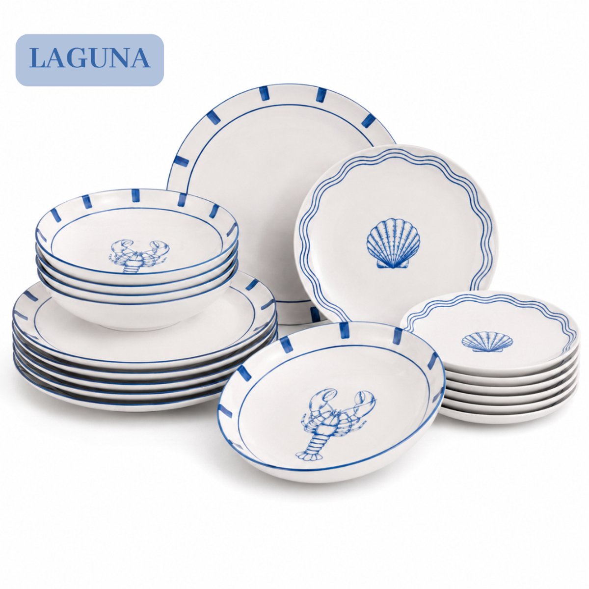 OTIX Aardewerk Serviesset 6 persoons - 18-delige Bordenset - Servies voor 6 Personen - met Dinerbord, Dessertbord en Diep bord of Ontbijtkom - Ontbijtborden Set - Ontbijtset - Serviessets - Blauw LAGUNA
