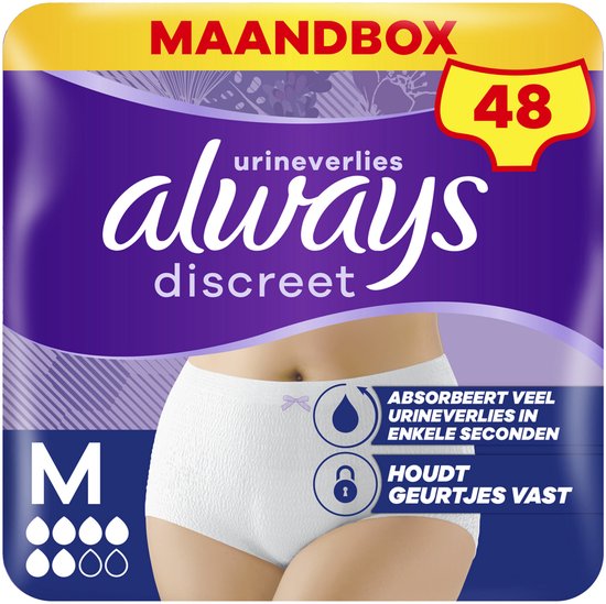Verpakking van Always Discreet broekjes, maat M, 48 stuks. De verpakking toont een vrouw die het product draagt. Tekst: maandbox, urineverlies, absorbeert veel urineverlies, houdt geurtjes vast.