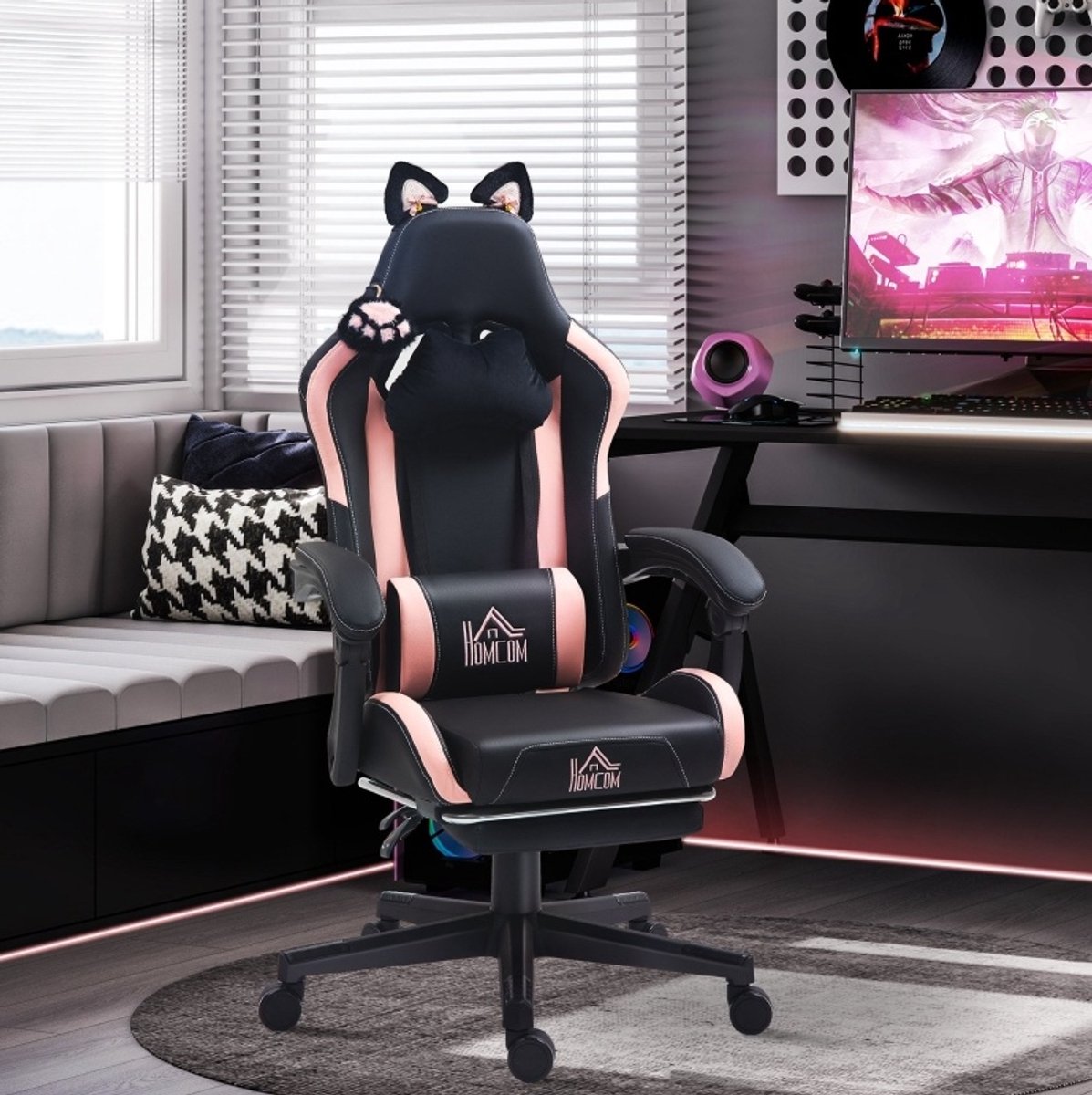 MEUNIQ Gamingstoel met kattenoren, verstelbare zithoogte, rugleuning tot 135°, uitklapbare voetsteun, hoofd- en lendenkussen, zwart/roze