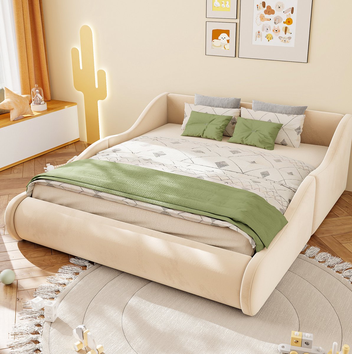 OKWISH Gestoffeerd Kinderbed 140 x 200 cm - Met Hoog Hoofdeinde en Zijhekken - Lattenbodem - Zonder Matras - Fluweel - Beige