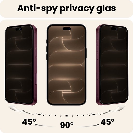 360 graden zicht op anti-spy privacy glas voor paarse iPhone. Zichtbaar op 90°, niet op 45°.