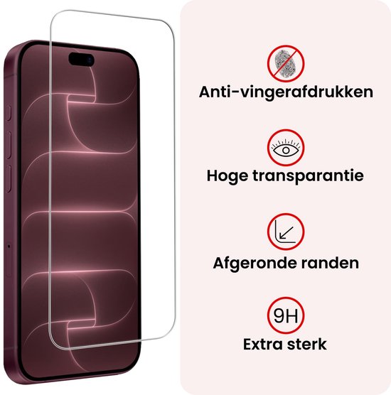 Paarse iPhone 18 Pro met screenprotector. Anti-vingerafdrukken, hoge transparantie, afgeronde randen, 9H extra sterk.