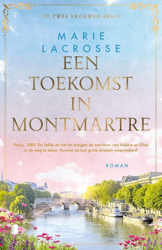 Boek 'Een toekomst in Montmartre' met een illustratie van een brug in Parijs en tekst.