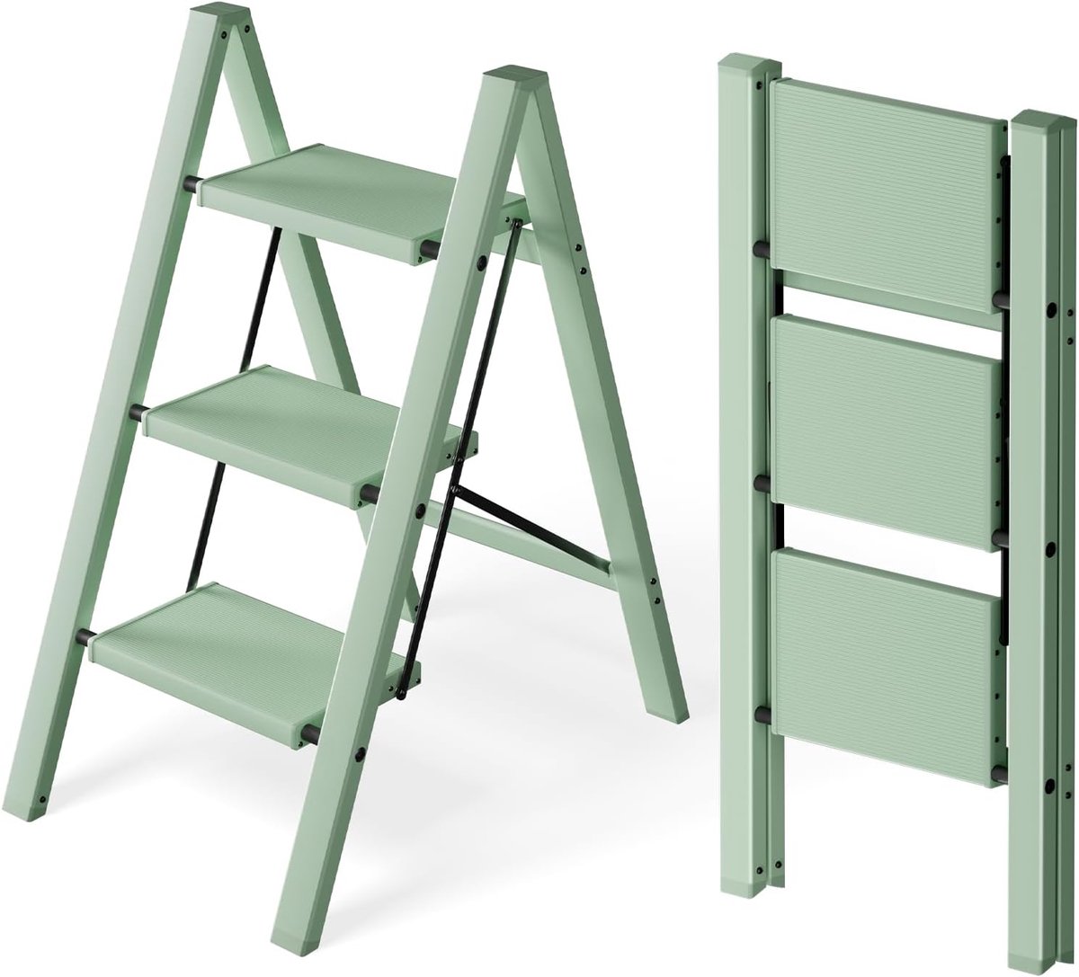 3 Treppens Opstapladder Inklapbaar,Trapbank Van Aluminium | Draagvermogen 150 Kg, Ladder Met Antislipvoeten & Brede Treden, Binnen- En Buitengebruik, Minimalistisch, Licht Groen