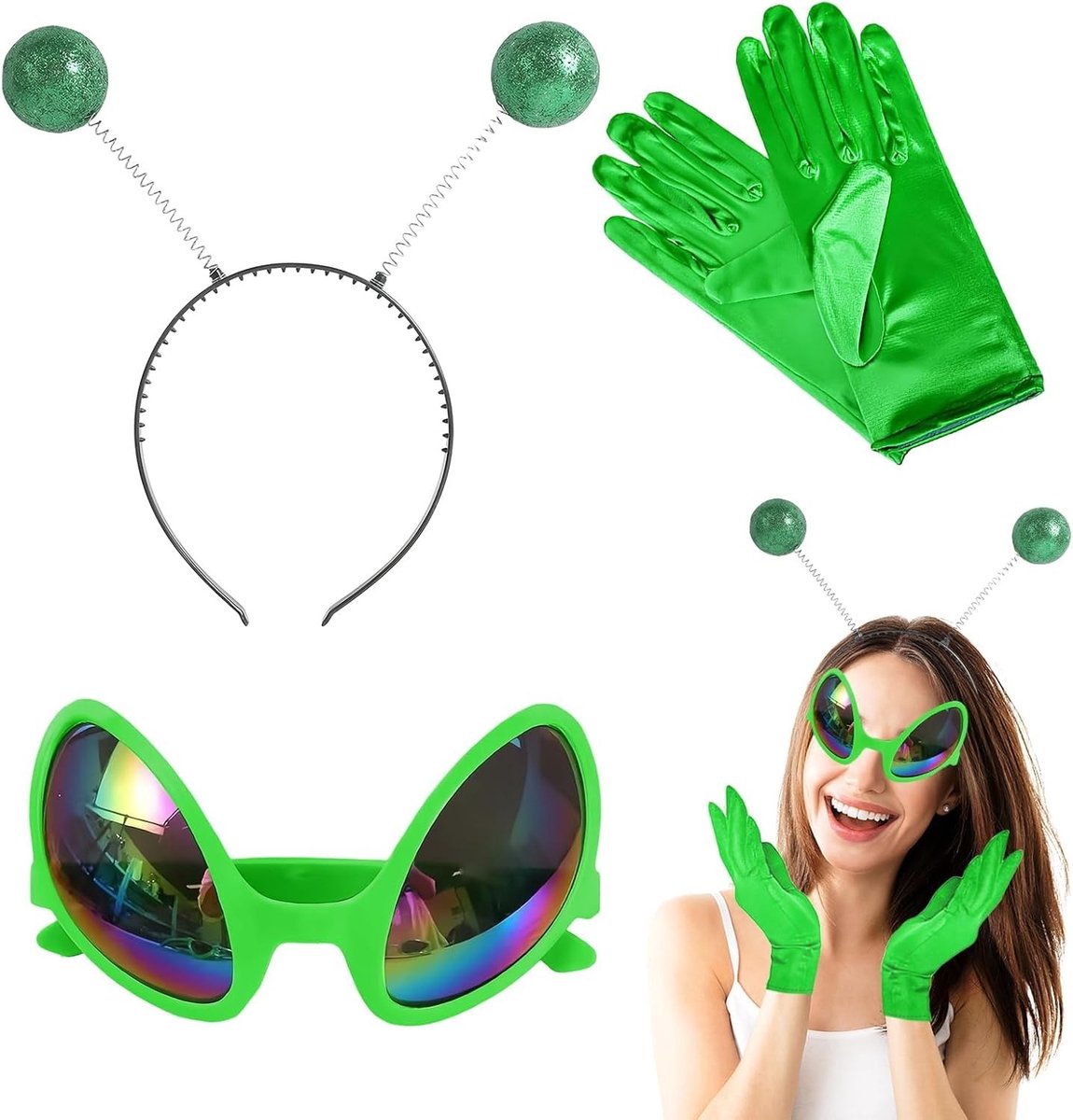 Drie-delige Alien Kostuum met Haarband, Zonnebril en Accessoires voor Halloween, Feestjes en Carnaval met Regenbooglenzen