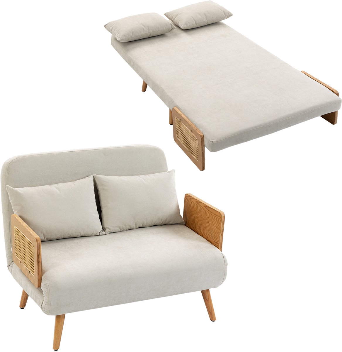 ECTEATOY Slaapbank 2 persoons - 2-zitsbank 3-in-1 met verstelbare rugleuning - 2 kussens en houten armleuningen - 103 cm - Hhenille - Crème