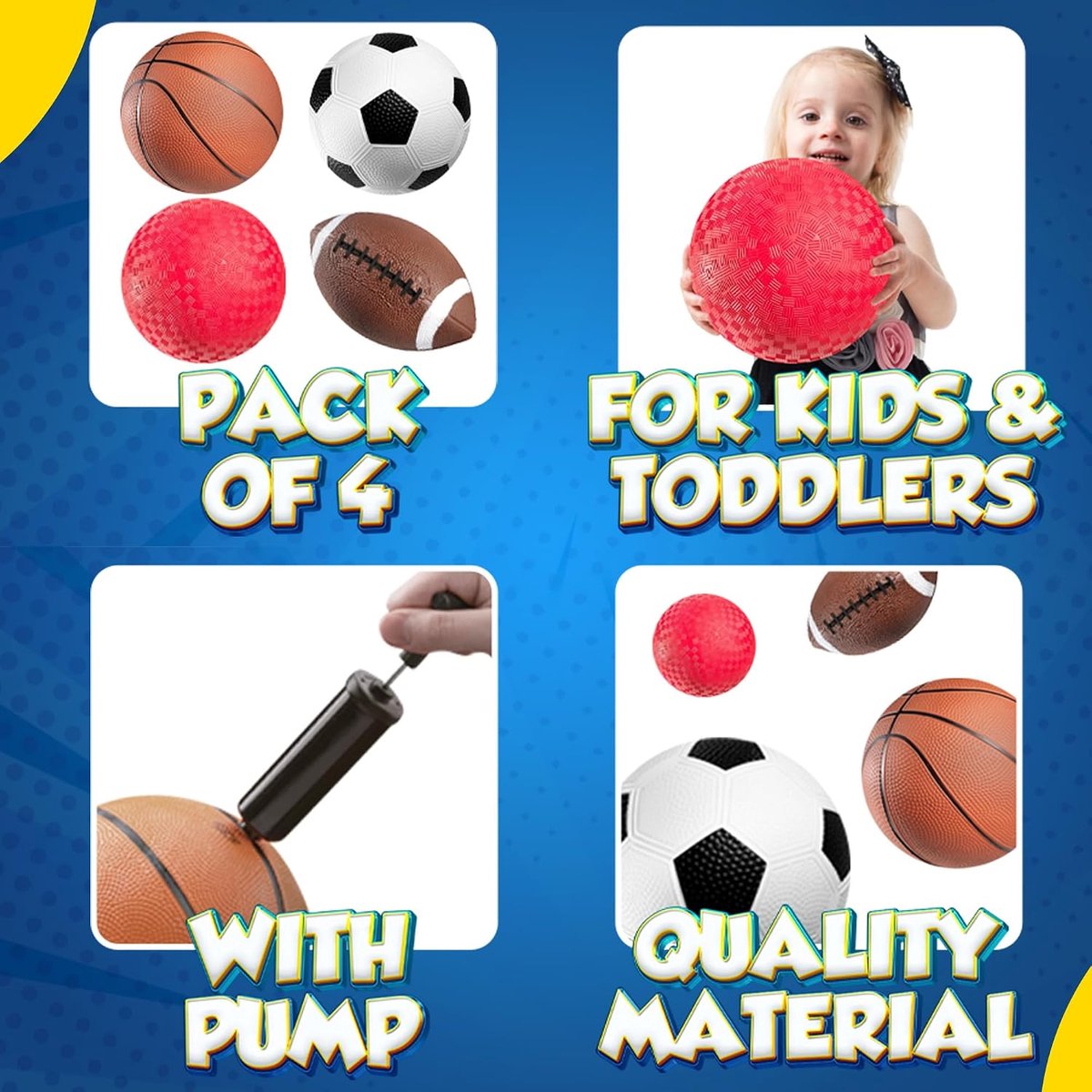 Sportballen voor kinderen en peuters - (set van 4) 12,7 cm sportset met voetbal, kleine voetbal, basketbal en speelbal, leuk speelgoed voor binnen en buiten (inclusief handpomp)