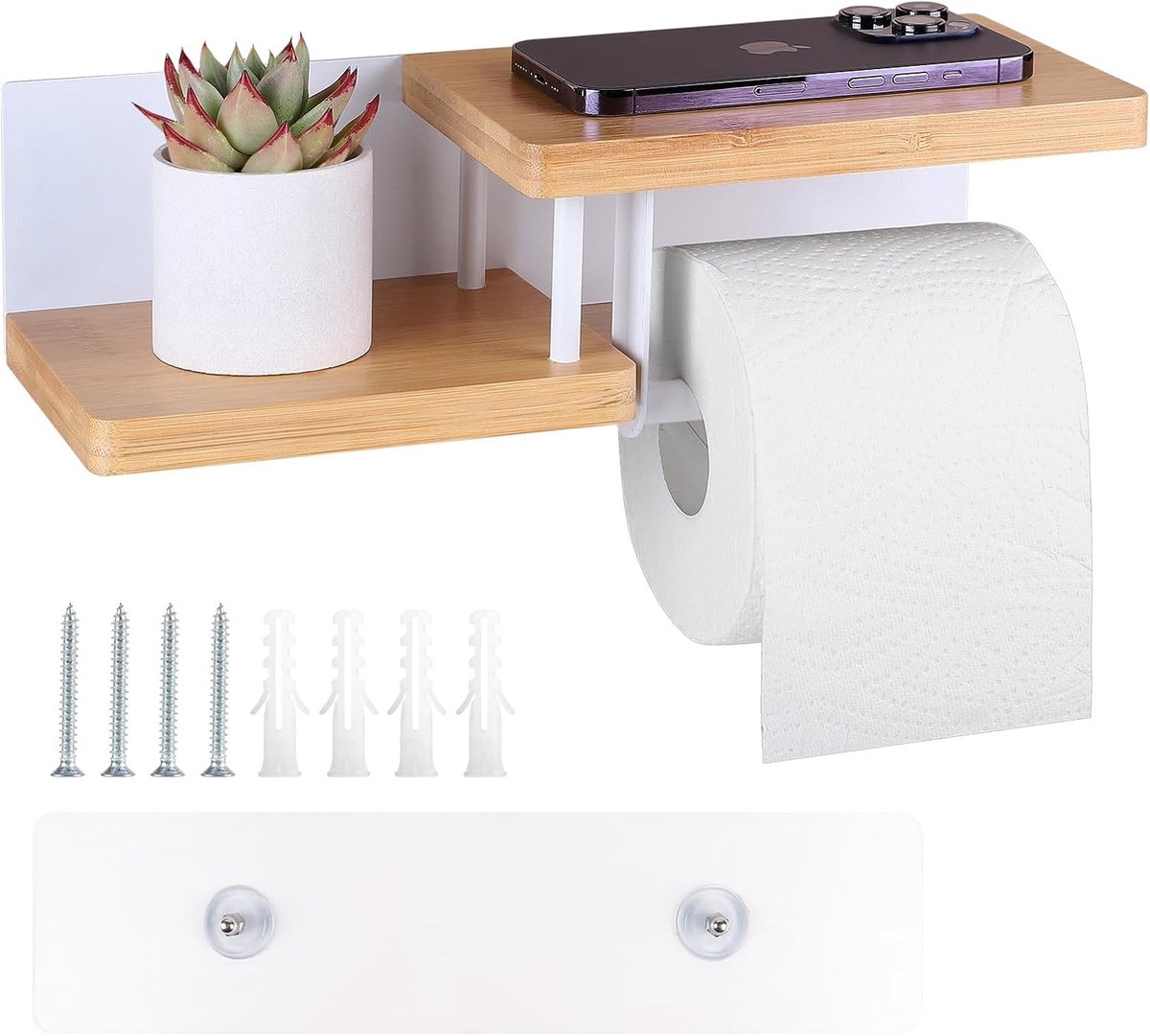 Bamboe Toiletpapierhouder met Plank voor Badkamer, Keuken en Toilet - Wandmontage, 31.5 x 12.5 x 8.5 cm, Duurzaam en Stijlvol Ontwerp