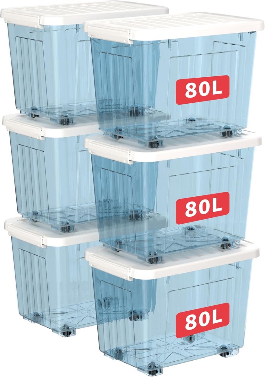 80L x 6 plastic opbergdozen met wielen, opbergdoos met deksel en veilige zijvergrendelingen, PP nestbare en stapelbare doorzichtige organizer voor thuis, kantoor, verhuizen, transparant blauw
